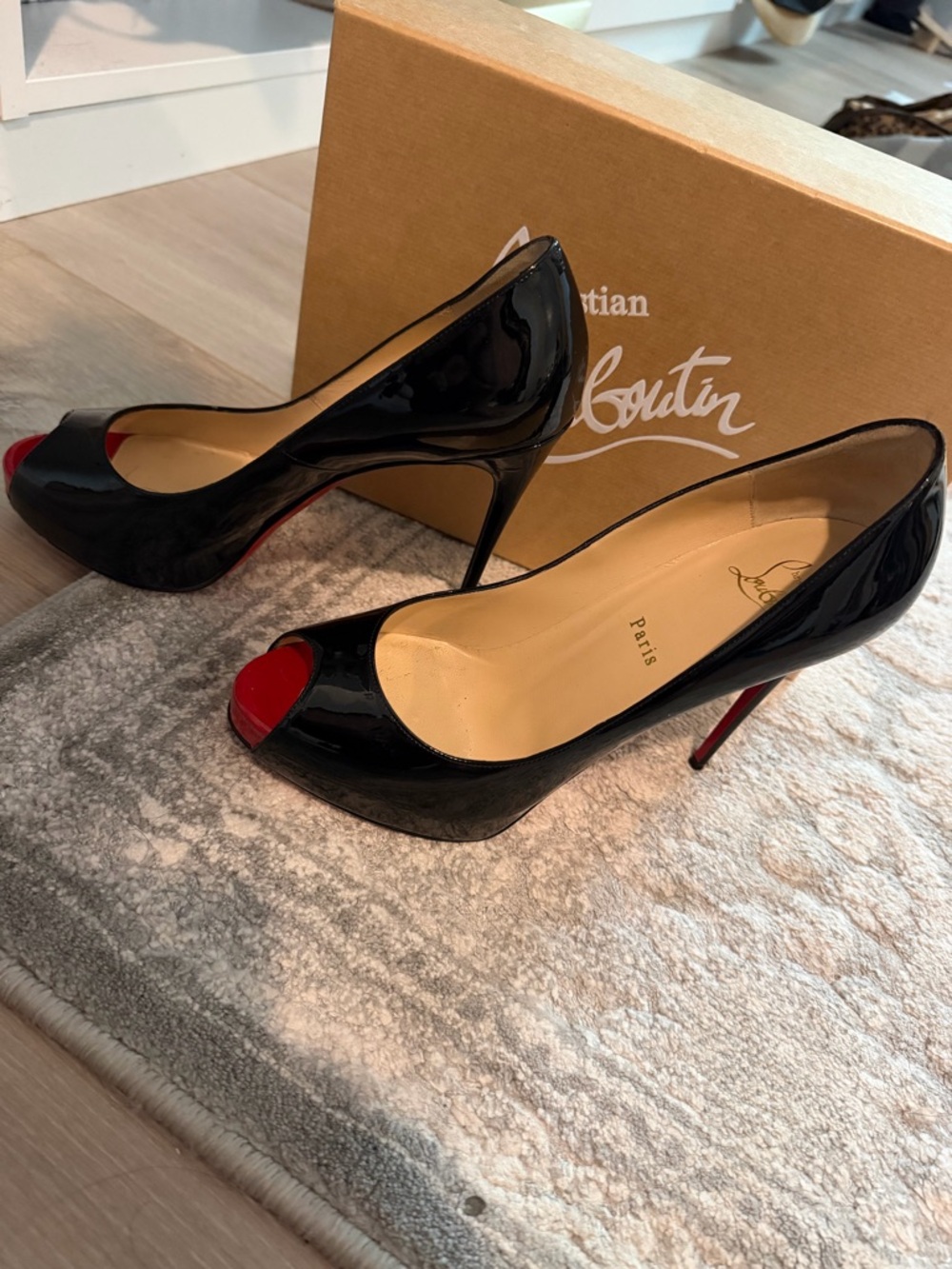 Christian Louboutin Black Patent Peep-Toe Pumps with Red Toe - Picture 3 of 5